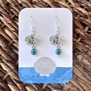 New Handmade Silver-Tone and Sparkly Teal Shell and Starfish Dangle Earrings